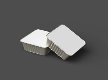 Koyu bir arka planda izole edilmiş 3D kare yiyecek folyo tepsisinin görüntüsü 