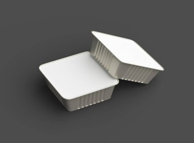 Koyu bir arka planda izole edilmiş 3D kare yiyecek folyo tepsisinin görüntüsü 