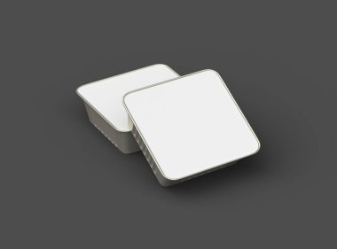 Koyu bir arka planda izole edilmiş 3D kare yiyecek folyo tepsisinin görüntüsü 