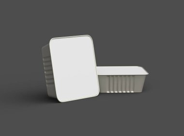 Koyu bir arka planda izole edilmiş 3D kare yiyecek folyo tepsisinin görüntüsü 