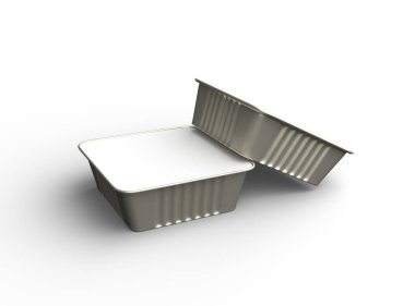 Açık bir arkaplanda izole edilmiş 3D kare yiyecek folyo tepsisinin görüntüsü 