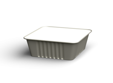 Şeffaf bir arkaplanda izole edilmiş 3D kare yiyecek folyo tepsisi resmi