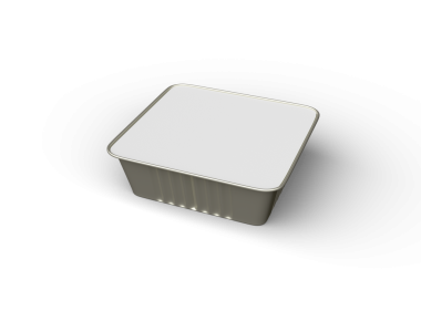 Şeffaf bir arkaplanda izole edilmiş 3D kare yiyecek folyo tepsisi resmi