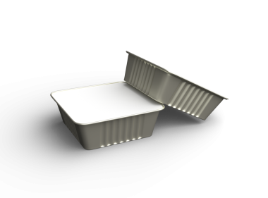 Şeffaf bir arkaplanda izole edilmiş 3D kare yiyecek folyo tepsisi resmi