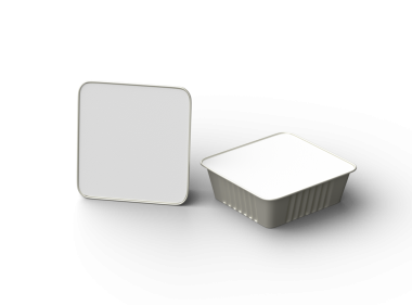 Şeffaf bir arkaplanda izole edilmiş 3D kare yiyecek folyo tepsisi resmi