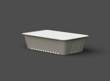 Dar dörtgen yiyecek folyo tepsisinin karanlık bir arkaplanda izole edilmiş 3D görüntüsü 