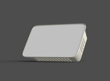 Dar dörtgen yiyecek folyo tepsisinin karanlık bir arkaplanda izole edilmiş 3D görüntüsü 