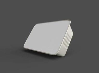 Dar dörtgen yiyecek folyo tepsisinin karanlık bir arkaplanda izole edilmiş 3D görüntüsü 