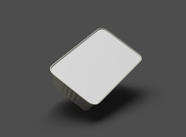 Dar dörtgen yiyecek folyo tepsisinin karanlık bir arkaplanda izole edilmiş 3D görüntüsü 