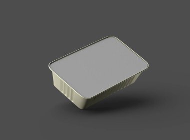 Dar dörtgen yiyecek folyo tepsisinin karanlık bir arkaplanda izole edilmiş 3D görüntüsü 