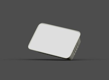 Dar dörtgen yiyecek folyo tepsisinin karanlık bir arkaplanda izole edilmiş 3D görüntüsü 