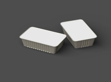 Dar dörtgen yiyecek folyo tepsisinin karanlık bir arkaplanda izole edilmiş 3D görüntüsü 