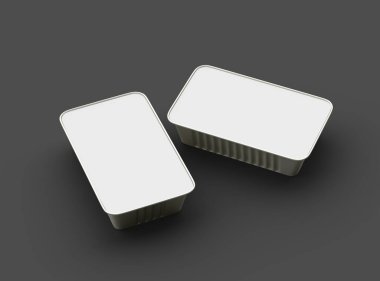 Dar dörtgen yiyecek folyo tepsisinin karanlık bir arkaplanda izole edilmiş 3D görüntüsü 