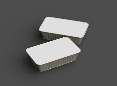 Dar dörtgen yiyecek folyo tepsisinin karanlık bir arkaplanda izole edilmiş 3D görüntüsü 