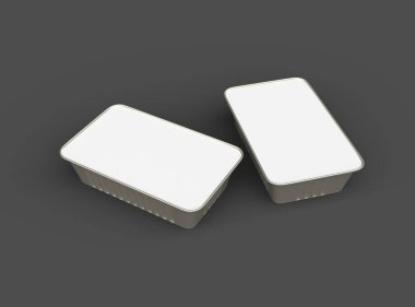 Dar dörtgen yiyecek folyo tepsisinin karanlık bir arkaplanda izole edilmiş 3D görüntüsü 