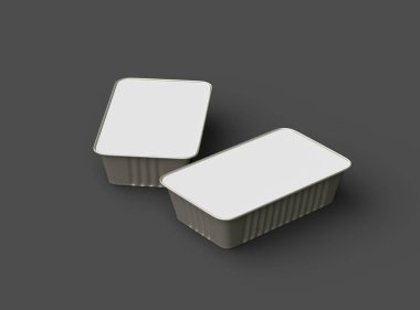 Dar dörtgen yiyecek folyo tepsisinin karanlık bir arkaplanda izole edilmiş 3D görüntüsü 