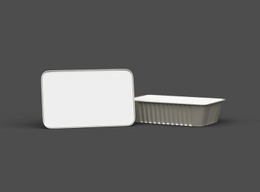 Dar dörtgen yiyecek folyo tepsisinin karanlık bir arkaplanda izole edilmiş 3D görüntüsü 