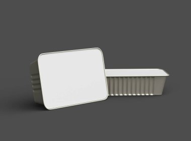 Dar dörtgen yiyecek folyo tepsisinin karanlık bir arkaplanda izole edilmiş 3D görüntüsü 