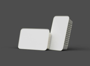 Dar dörtgen yiyecek folyo tepsisinin karanlık bir arkaplanda izole edilmiş 3D görüntüsü 