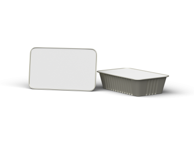 Dar bir dikdörtgen yiyecek folyo tepsisinin şeffaf bir arkaplanda izole edilmiş 3d resmi