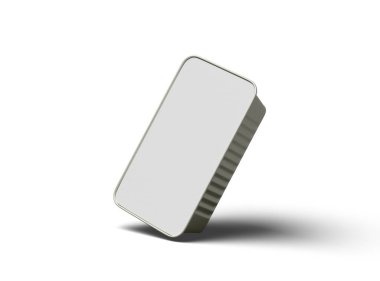 Dar dörtgen yiyecek folyo tepsisinin 3 boyutlu görüntüsü hafif bir arkaplanda izole edilmiş. 