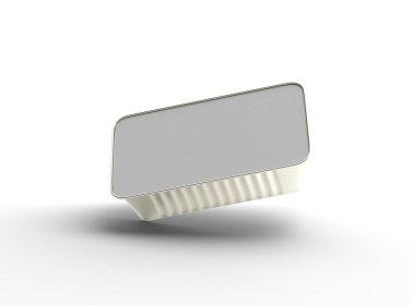 Dar dörtgen yiyecek folyo tepsisinin 3 boyutlu görüntüsü hafif bir arkaplanda izole edilmiş. 