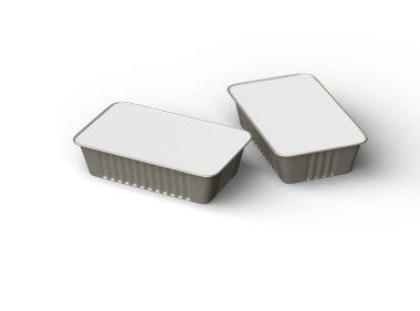 Dar dörtgen yiyecek folyo tepsisinin 3 boyutlu görüntüsü hafif bir arkaplanda izole edilmiş. 