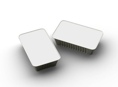 Dar dörtgen yiyecek folyo tepsisinin 3 boyutlu görüntüsü hafif bir arkaplanda izole edilmiş. 