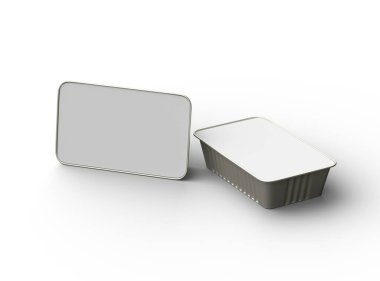 Dar dörtgen yiyecek folyo tepsisinin 3 boyutlu görüntüsü hafif bir arkaplanda izole edilmiş. 