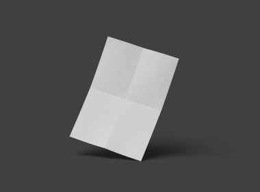 Koyu gri arkaplanda izole edilmiş bir kağıdın A4 eğimli kağıdının 3D görüntüsü 