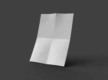 Koyu gri arkaplanda izole edilmiş bir kağıdın A4 eğimli kağıdının 3D görüntüsü 