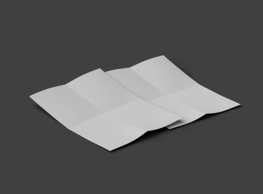 Koyu gri arkaplanda izole edilmiş bir kağıdın A4 eğimli kağıdının 3D görüntüsü 