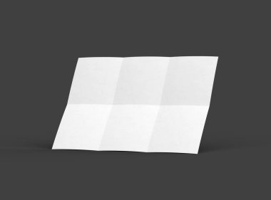 Kare bükümlü koyu gri arkaplan üzerinde izole edilmiş bir A4 kağıdının 3D görüntüsü