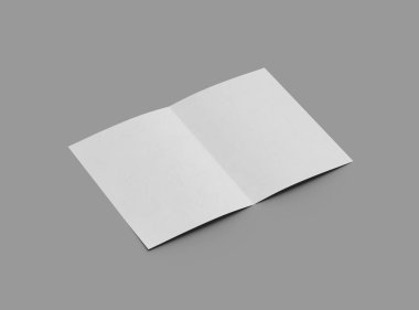 Ortadaki paralel bükümlü, açık gri bir arkaplanda izole edilmiş bir A4 kağıdının 3D görüntüsü