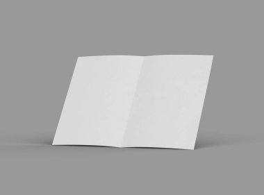 Ortadaki paralel bükümlü, açık gri bir arkaplanda izole edilmiş bir A4 kağıdının 3D görüntüsü