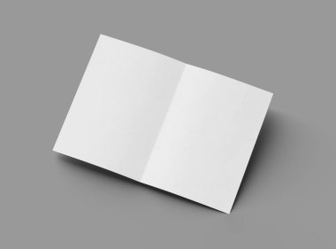 Ortadaki paralel bükümlü, açık gri bir arkaplanda izole edilmiş bir A4 kağıdının 3D görüntüsü