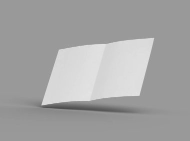 Ortadaki paralel bükümlü, açık gri bir arkaplanda izole edilmiş bir A4 kağıdının 3D görüntüsü