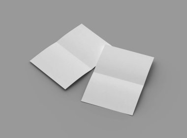 Ortadaki paralel bükümlü, açık gri bir arkaplanda izole edilmiş bir A4 kağıdının 3D görüntüsü