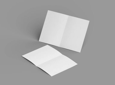 Ortadaki paralel bükümlü, açık gri bir arkaplanda izole edilmiş bir A4 kağıdının 3D görüntüsü