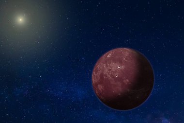 A new potentially habitable rocky exoplanet, with craters and an atmosphere. Background with bright star and Milky Way