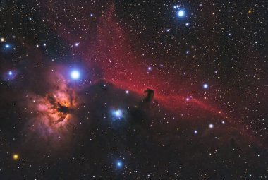 Orion 'daki Atbaşı Nebulası. Alev Bulutsusu NGC 2024, Atbaşı Bulutsusu ile birlikte IC 434 'ün koyu kırmızı bulutsusu. 80 mm 'lik kırıcı teleskopla çekilmiş..
