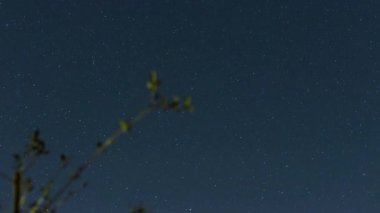 Tuscan tepelerinin arkasında yıldızların gece ilerleyişi. Mavi gökyüzü ve yıldızlı gece manzarası