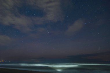 Kıyı günbatımı yıldızlı bir geceye dönüşür. Gökyüzünde C / 2023 A3 kuyruklu yıldızı (Tsuchinshan ATLAS), yıldızlar ve bulutlar, San Vincenzo, İtalya