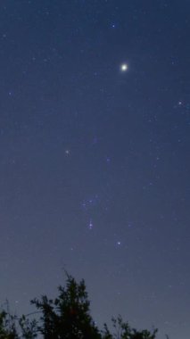 Yıldız takımyıldızı Betelgeuse, Riger ve Orion bulutsusu ile Orion takımyıldızının zaman atlaması, yıldızlı gökyüzünde parlak Jüpiter, Kasım 2024