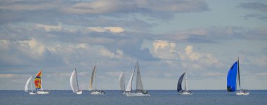 San Vincenzo, Tuscany, İtalya 'daki yelkenli yarışları sırasında birden fazla renkli yelkenlinin panoramik görüntüsü. Açık bir günde rekabetçi yelkencilik