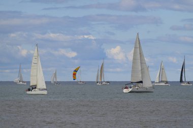 San Vincenzo, Tuscany, İtalya 'daki yelkenli yarışları sırasında birden fazla renkli yelkenlinin panoramik görüntüsü. Açık bir günde rekabetçi yelkencilik