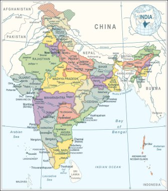 Hindistan haritası - çok detaylı vektör illüstrasyonu