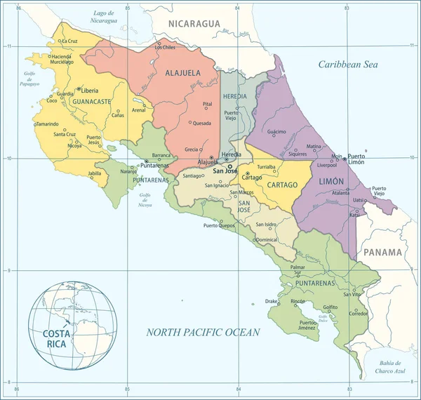 哥斯达黎加地图 高度详细的矢量图解 — 图库矢量图片