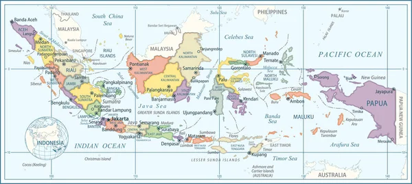 Χάρτης Της Ινδονησίας Εξαιρετικά Λεπτομερής Απεικόνιση Διάνυσμα — Διανυσματικό Αρχείο
