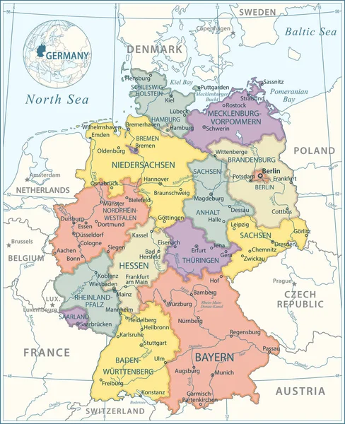 Mappa Della Germania Illustrazione Vettoriale Alti Dettagli — Vettoriale Stock